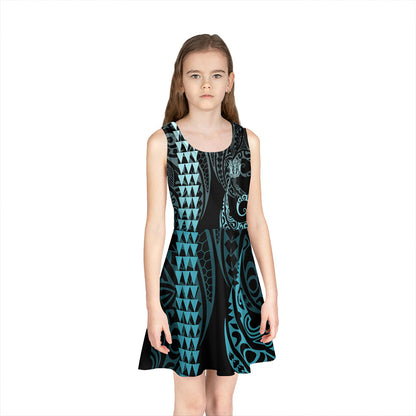 New Zealand Girls Sleeveless Sundress Kakau Style Turquoise