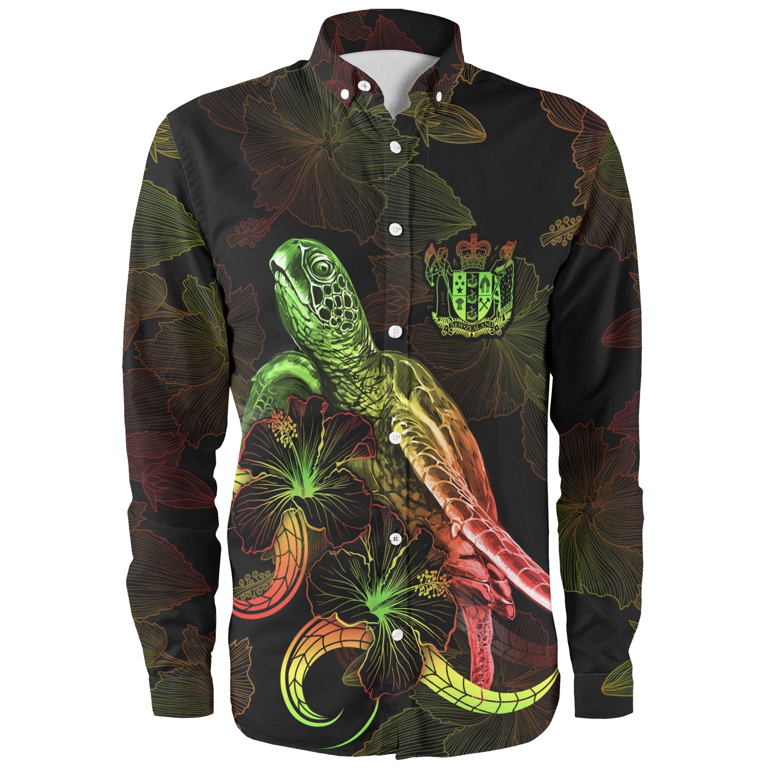 New Zealand Long Sleeve Shirt Sea Turtle With Blooming Hibiscus Flowers Reggae