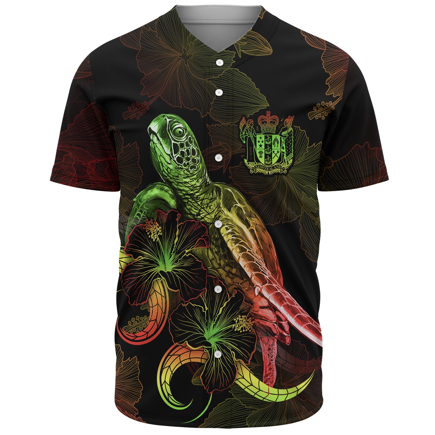 New Zealand Baseball Shirt Sea Turtle With Blooming Hibiscus Flowers Reggae