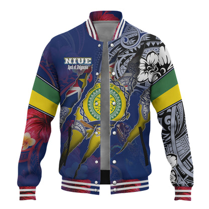 Niue Baseball Jacket Custom Niuean Blood Inside Me Polynesian Sleeve Tattoo Tropical Blue