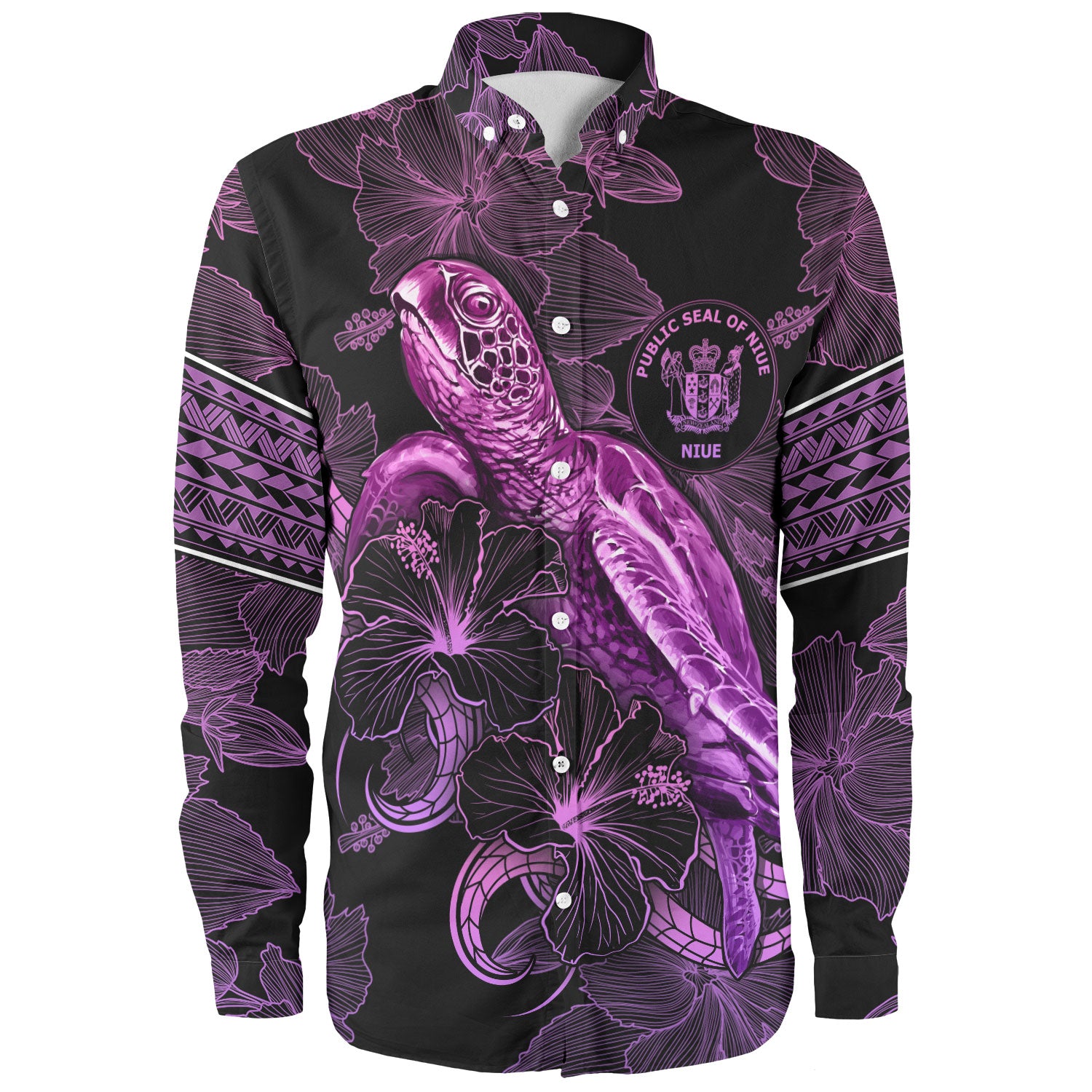Niue Long Sleeve Shirt Sea Turtle With Blooming Hibiscus Flowers Tribal Purple