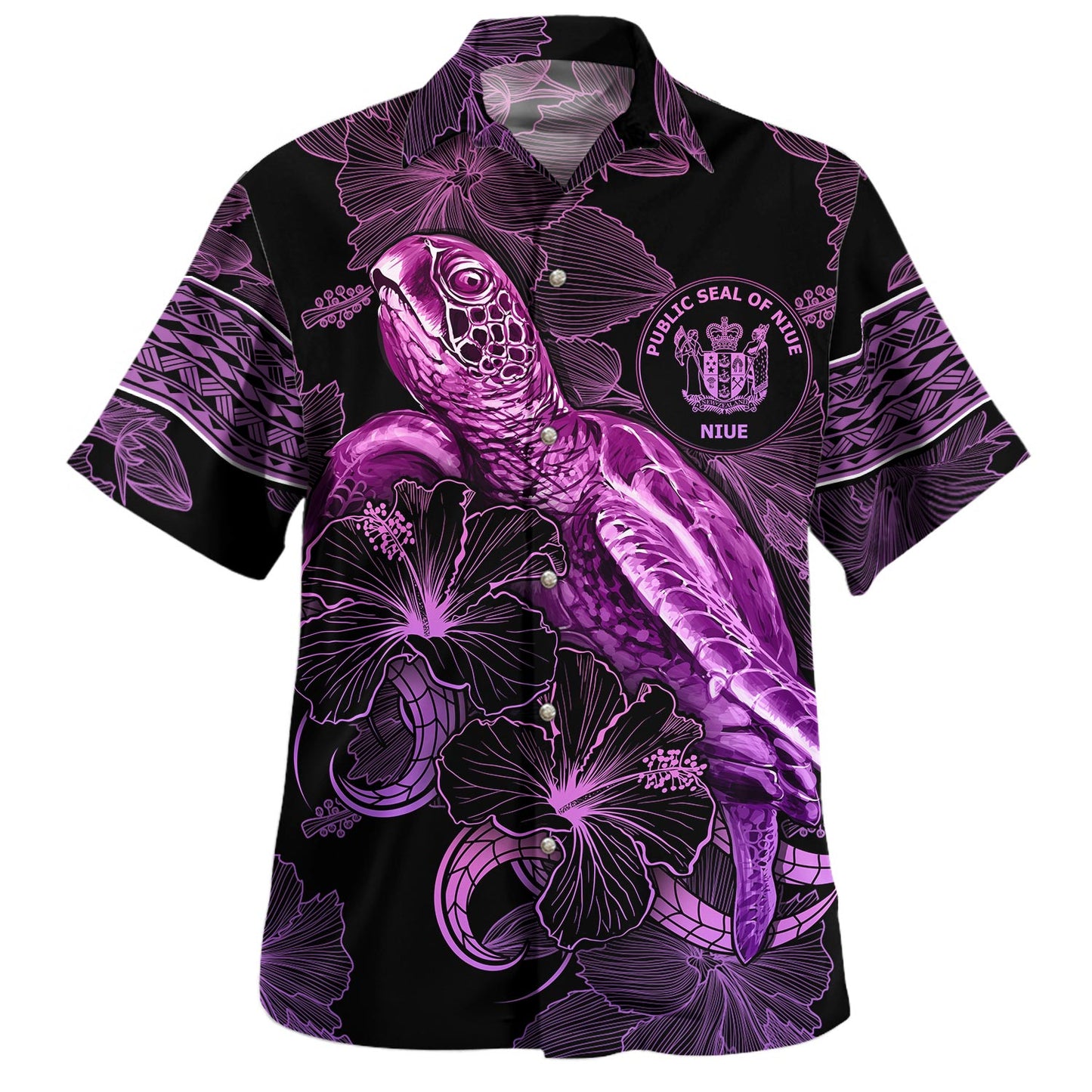 Niue Hawaiian Shirt Sea Turtle With Blooming Hibiscus Flowers Tribal Purple