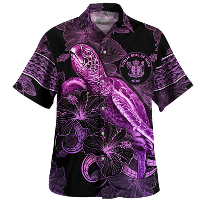 Niue Hawaiian Shirt Sea Turtle With Blooming Hibiscus Flowers Tribal Purple