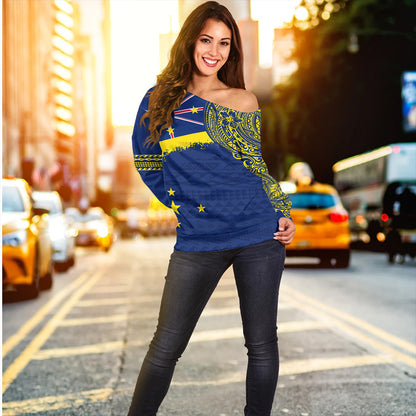 Niue Off Shoulder Sweatshirt Polynesian Flag With Coat Of Arms