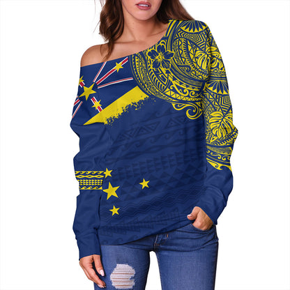 Niue Off Shoulder Sweatshirt Polynesian Flag With Coat Of Arms