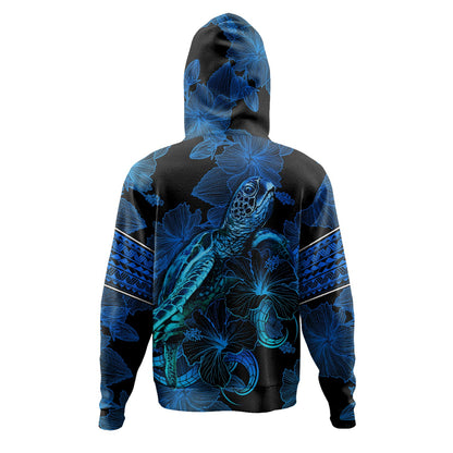 Niue Hoodie Sea Turtle With Blooming Hibiscus Flowers Tribal Blue