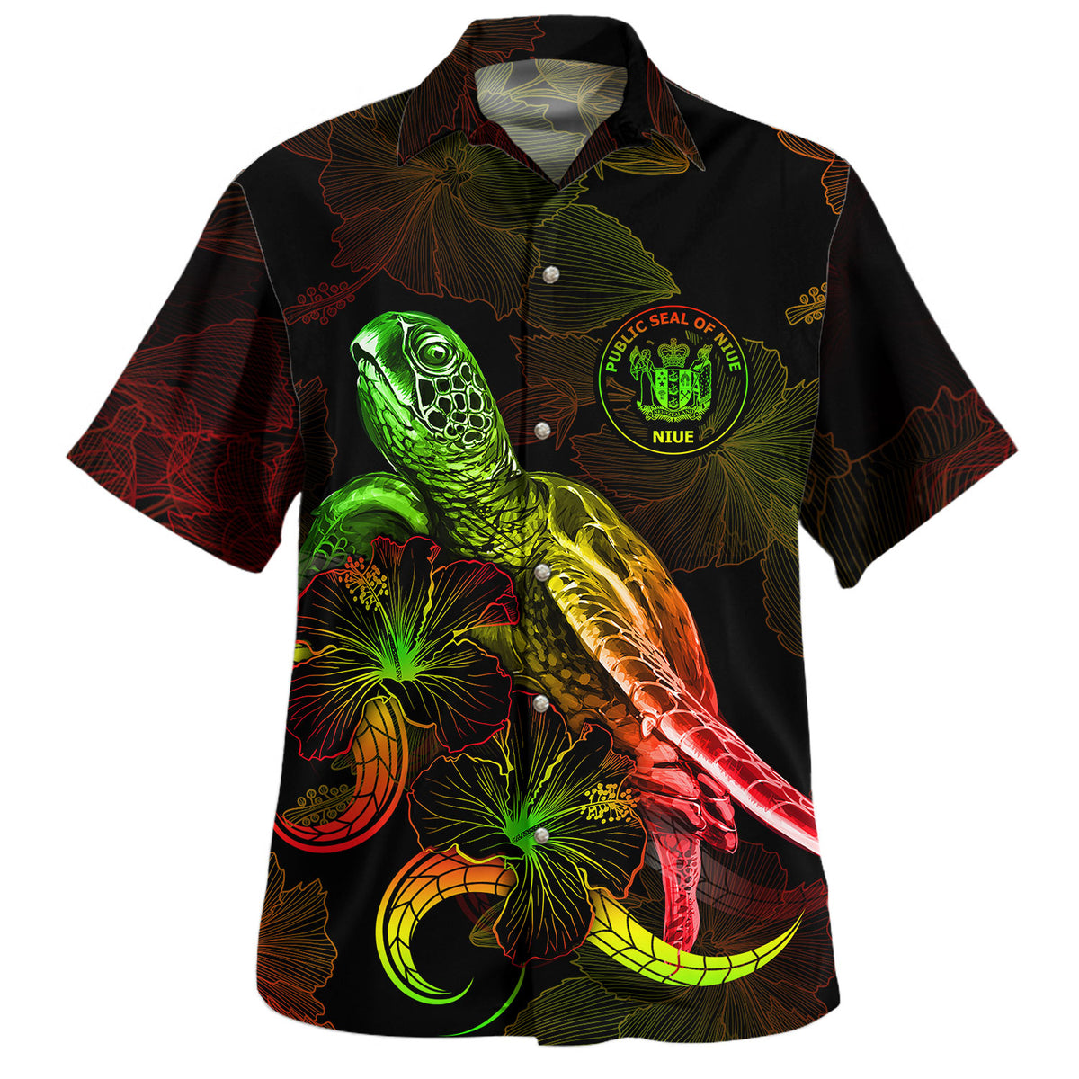 Niue Hawaiian Shirt Sea Turtle With Blooming Hibiscus Flowers Reggae