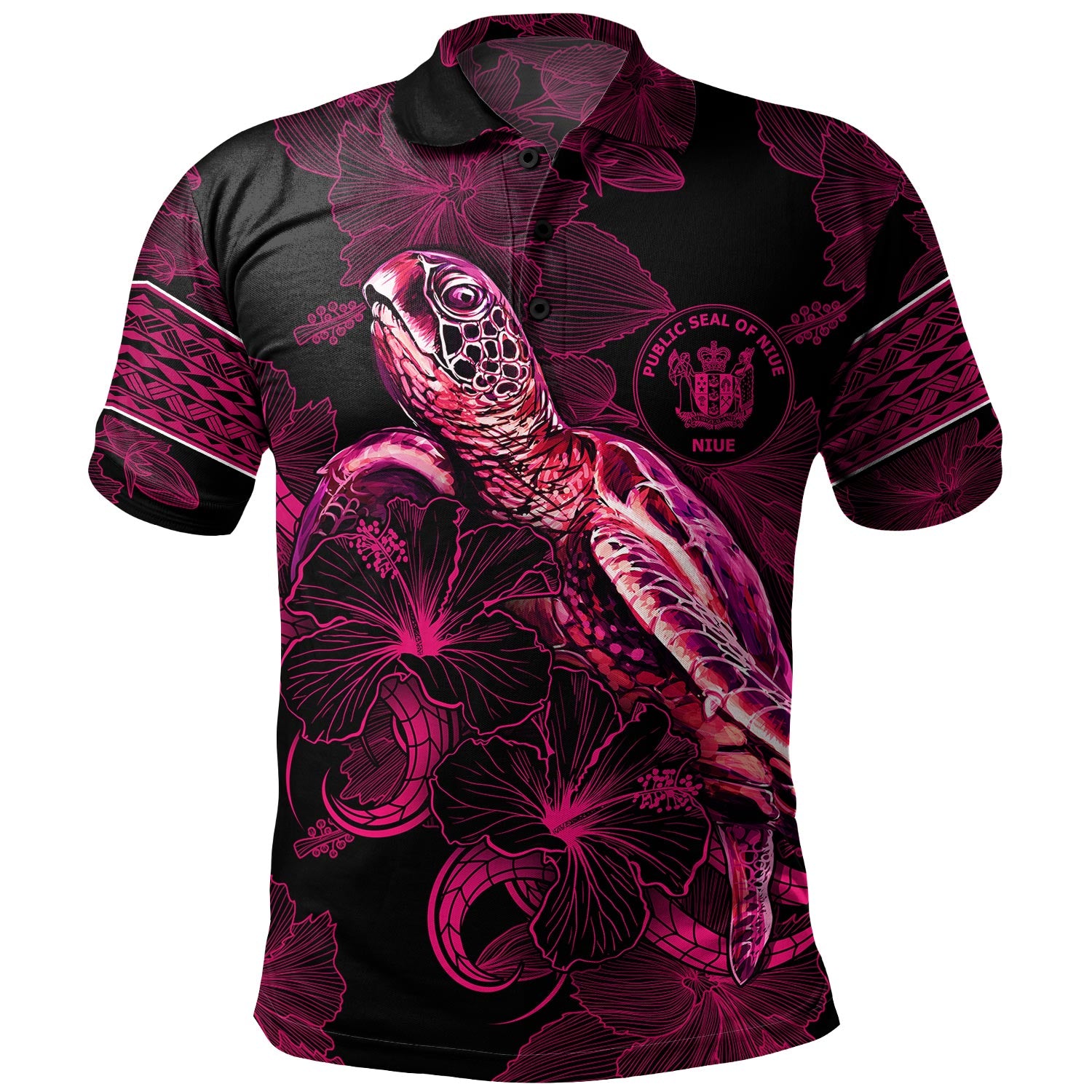 Niue Polo Shirt Sea Turtle With Blooming Hibiscus Flowers Tribal Maroon