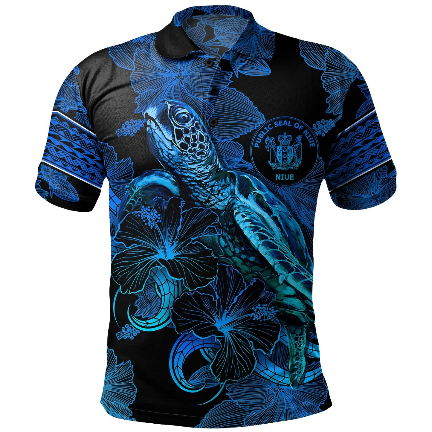 Niue Polo Shirt Sea Turtle With Blooming Hibiscus Flowers Tribal Blue