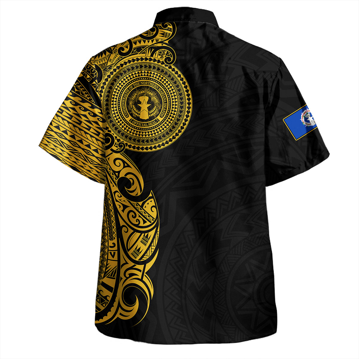 Northern Mariana Islands Hawaiian Shirt Custom Polynesian Half Sleeve Gold Tattoo With Seal Black
