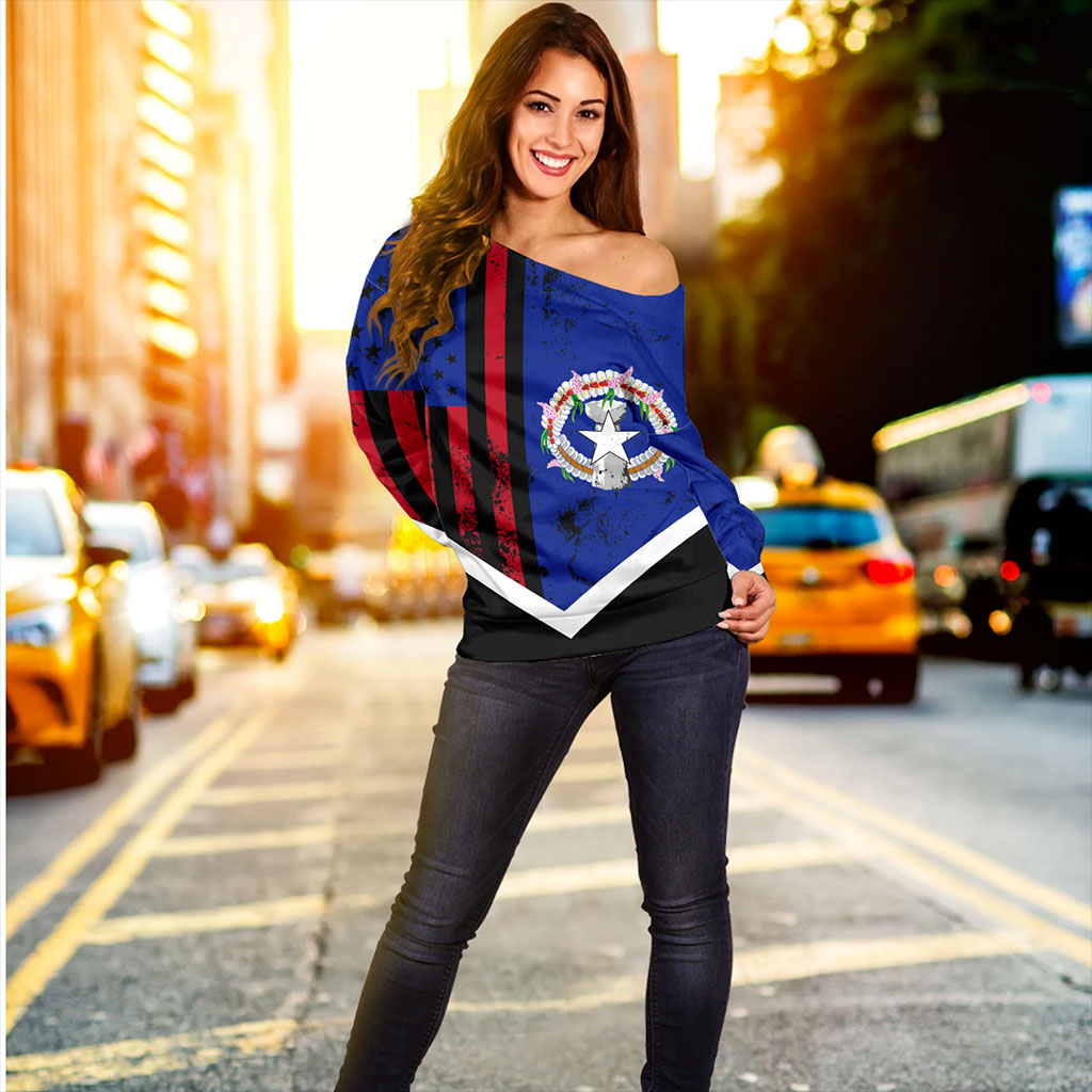 Northern Mariana Islands Off Shoulder Sweatshirt Flag And American Half Concept Brush Style