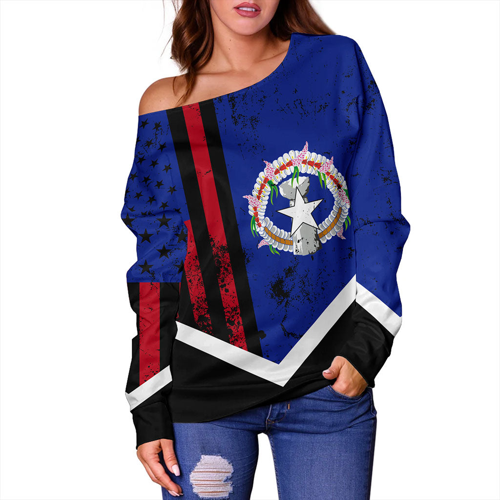Northern Mariana Islands Off Shoulder Sweatshirt Flag And American Half Concept Brush Style