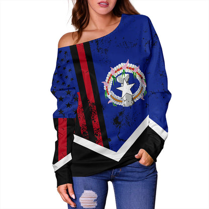 Northern Mariana Islands Off Shoulder Sweatshirt Flag And American Half Concept Brush Style