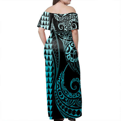 Northern Mariana Islands Off Shoulder Long Dress Kakau Style Turquoise