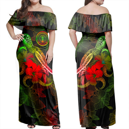 Northern Mariana Islands Combo Dress And Shirt - Sea Turtle With Blooming Hibiscus Flowers Reggae