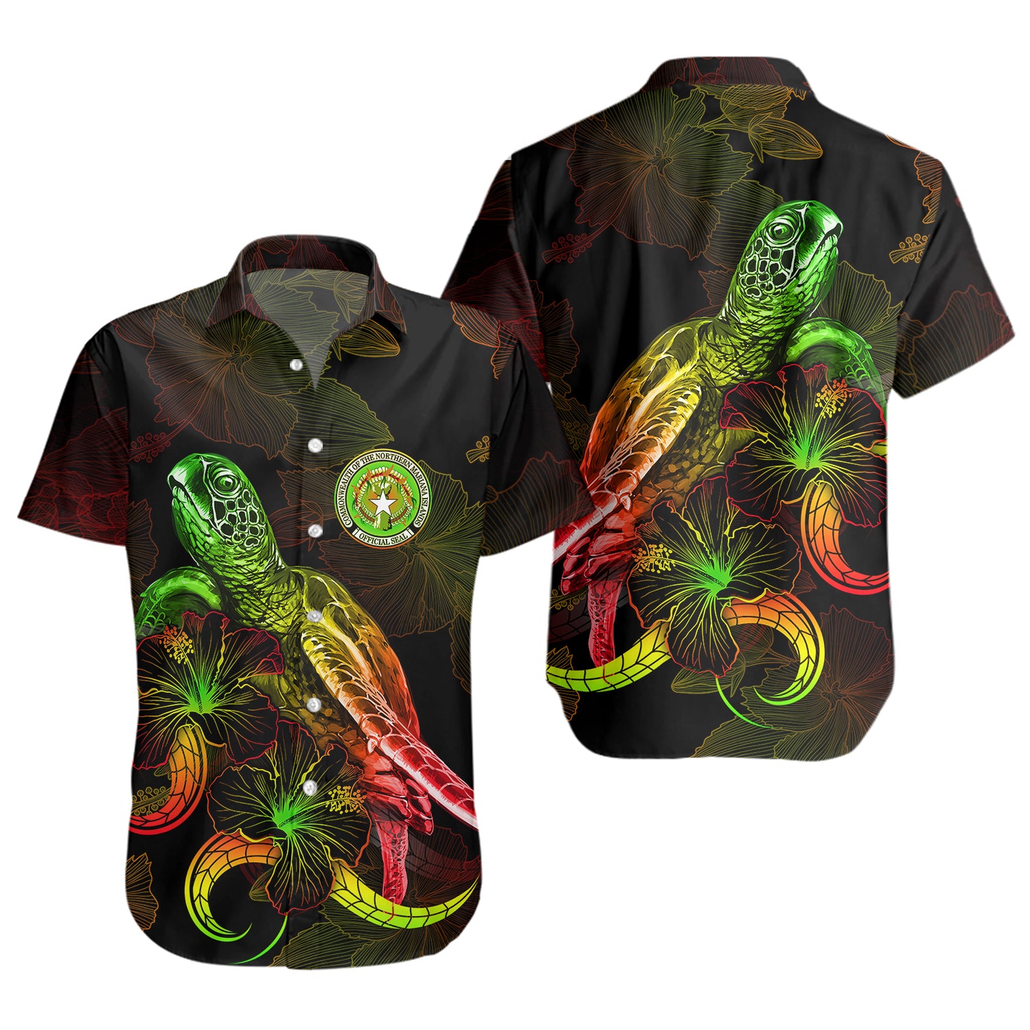 Northern Mariana Islands Short Sleeve Shirt Sea Turtle With Blooming Hibiscus Flowers Reggae