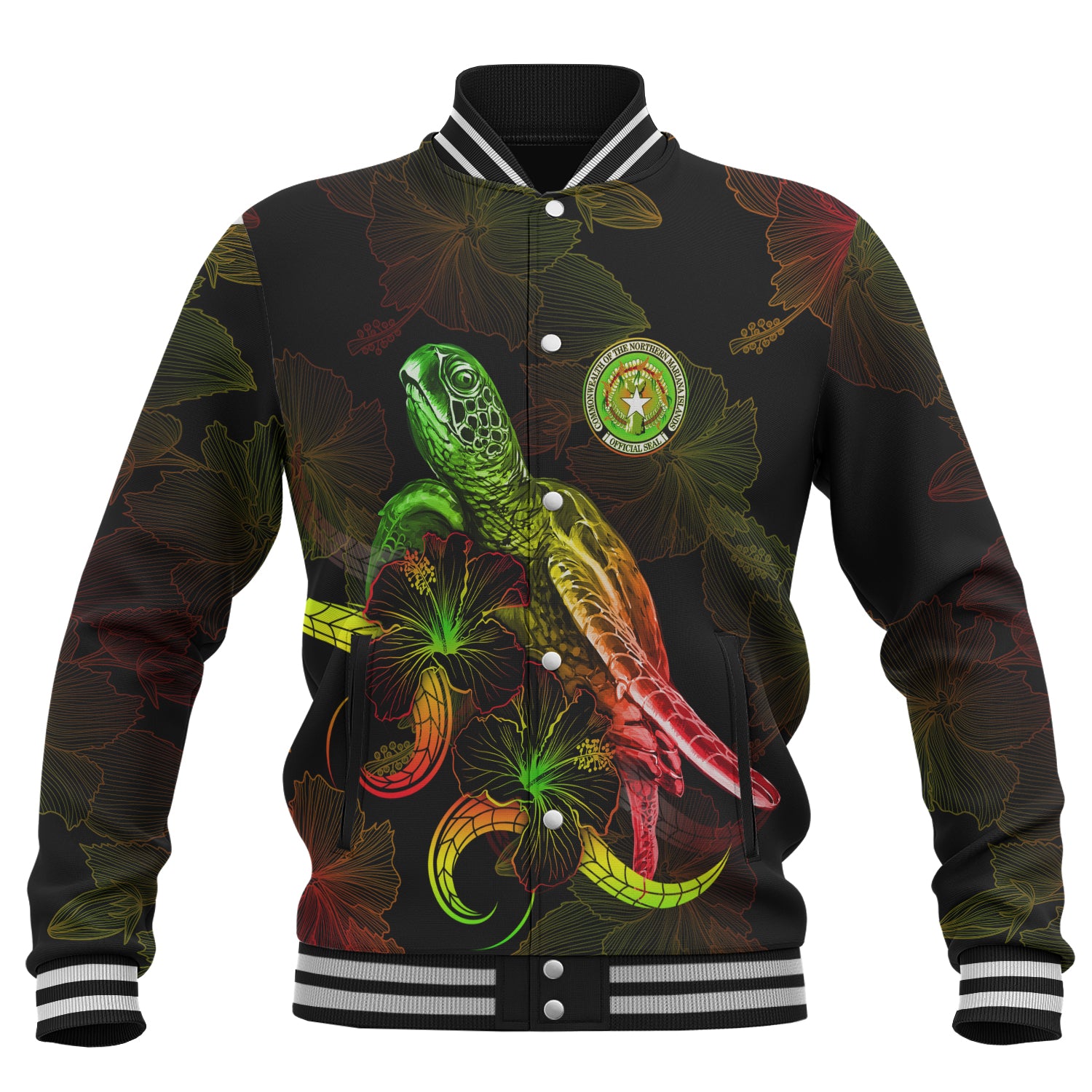 Northern Mariana Islands Baseball Jacket Sea Turtle With Blooming Hibiscus Flowers Reggae