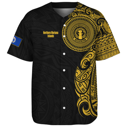 Northern Mariana Islands Baseball Shirt Custom Polynesian Half Sleeve Gold Tattoo With Seal Black