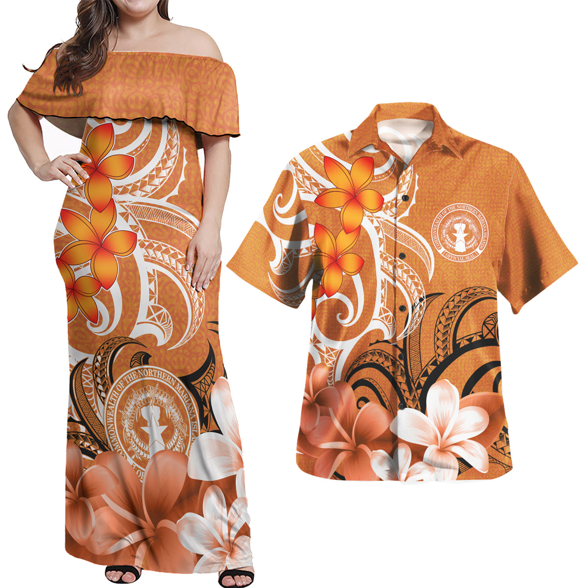 Northern Mariana Islands Polynesian Pattern Combo Dress And Shirt - Floral Spirit Orange