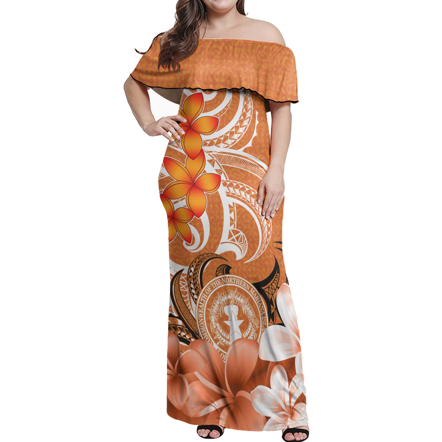 Northern Mariana Islands CNMI Woman Off Shoulder Long Dress Polynesian Floral Spirit Orange