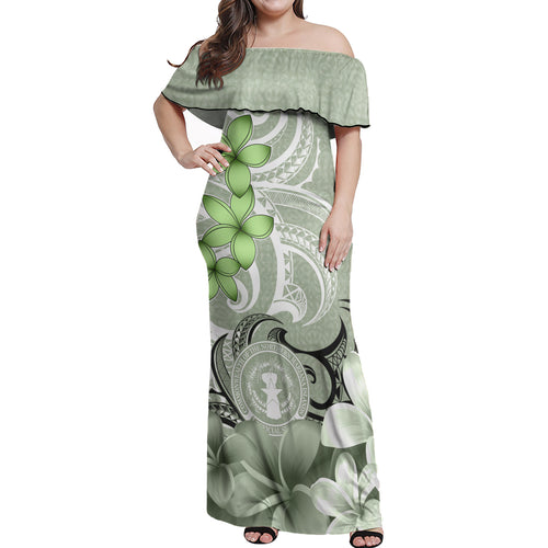 Northern Mariana Islands CNMI Woman Off Shoulder Long Dress Polynesian Floral Spirit Sage Green
