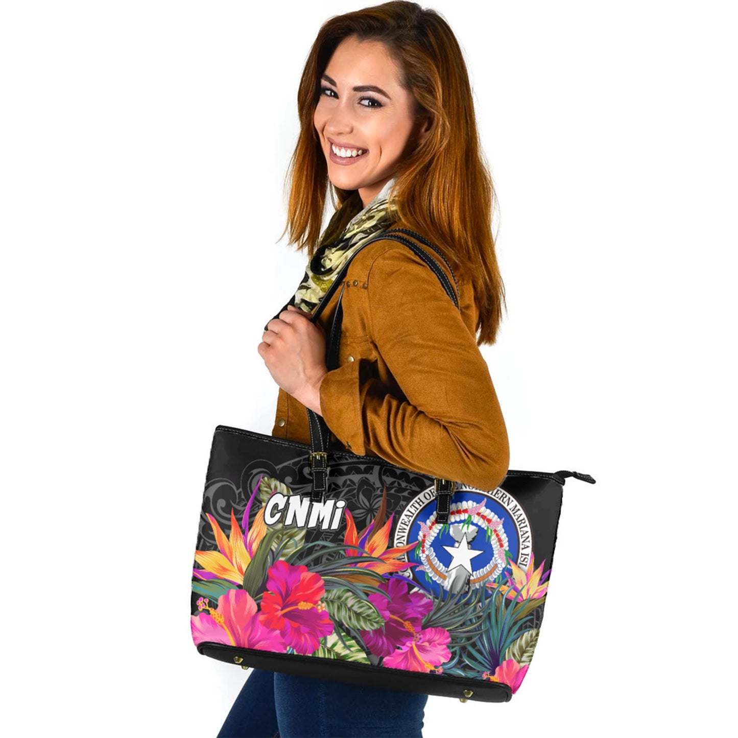 Northern Mariana Islands Custom Personalised Leather Tote Polynesian Hibiscus Pattern