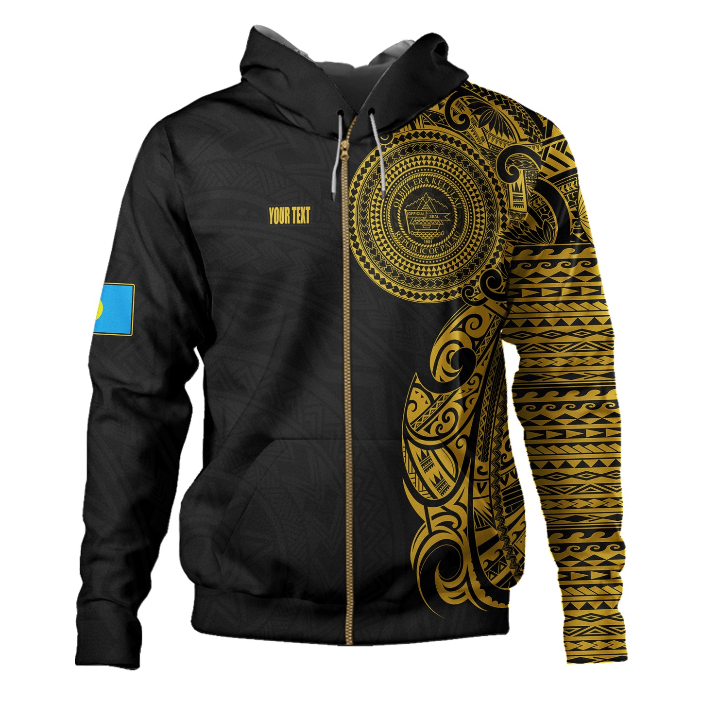 Palau Hoodie Custom Polynesian Half Sleeve Gold Tattoo With Seal Black