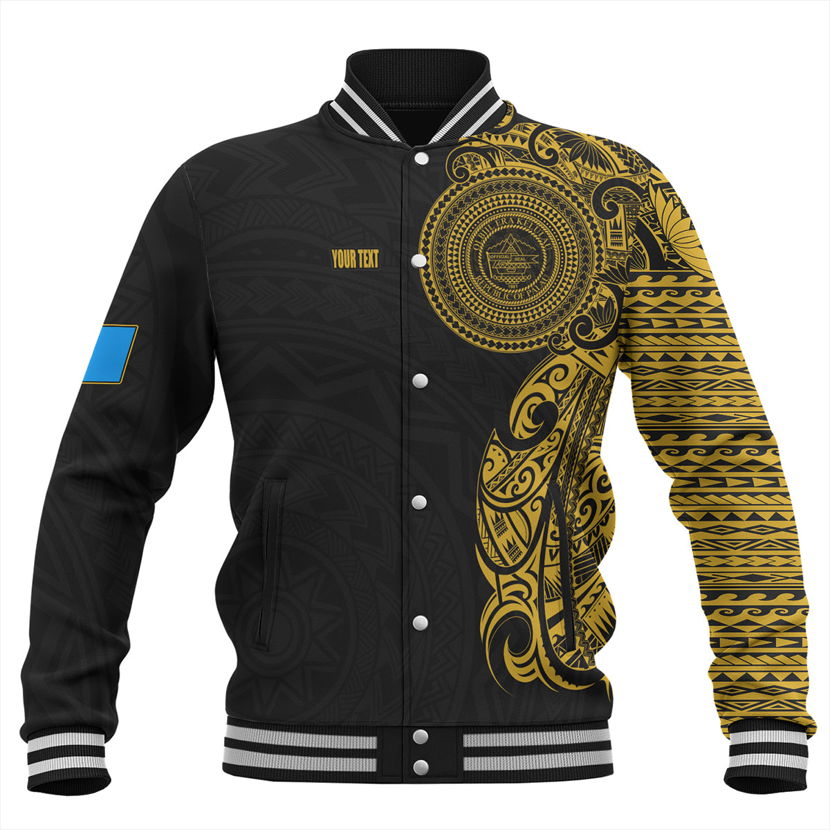 Palau Baseball Jacket Custom Polynesian Half Sleeve Gold Tattoo With Seal Black
