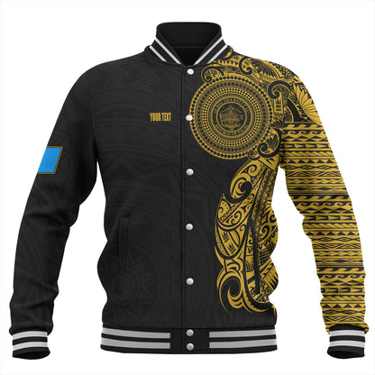 Palau Baseball Jacket Custom Polynesian Half Sleeve Gold Tattoo With Seal Black
