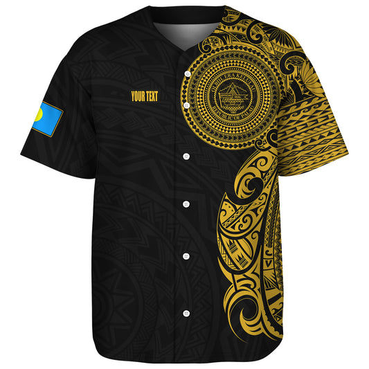 Palau Baseball Shirt Custom Polynesian Half Sleeve Gold Tattoo With Seal Black