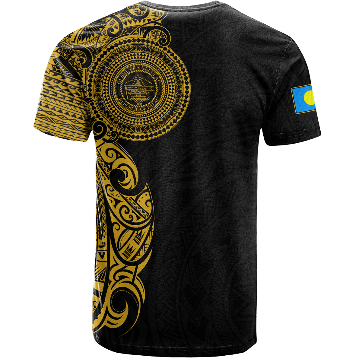 Palau T-Shirt Custom Polynesian Half Sleeve Gold Tattoo With Seal Black
