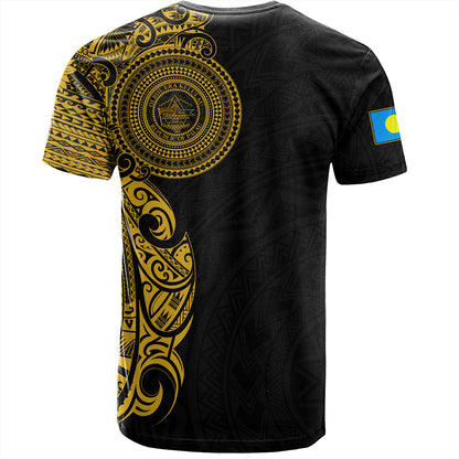 Palau T-Shirt Custom Polynesian Half Sleeve Gold Tattoo With Seal Black
