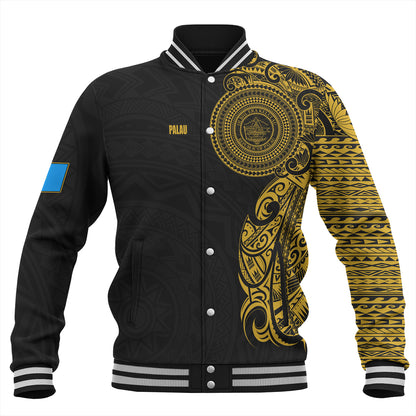 Palau Baseball Jacket Custom Polynesian Half Sleeve Gold Tattoo With Seal Black