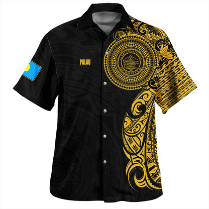 Chuuk State Hawaiian Shirt Custom Polynesian Half Sleeve Gold Tattoo With Seal Black