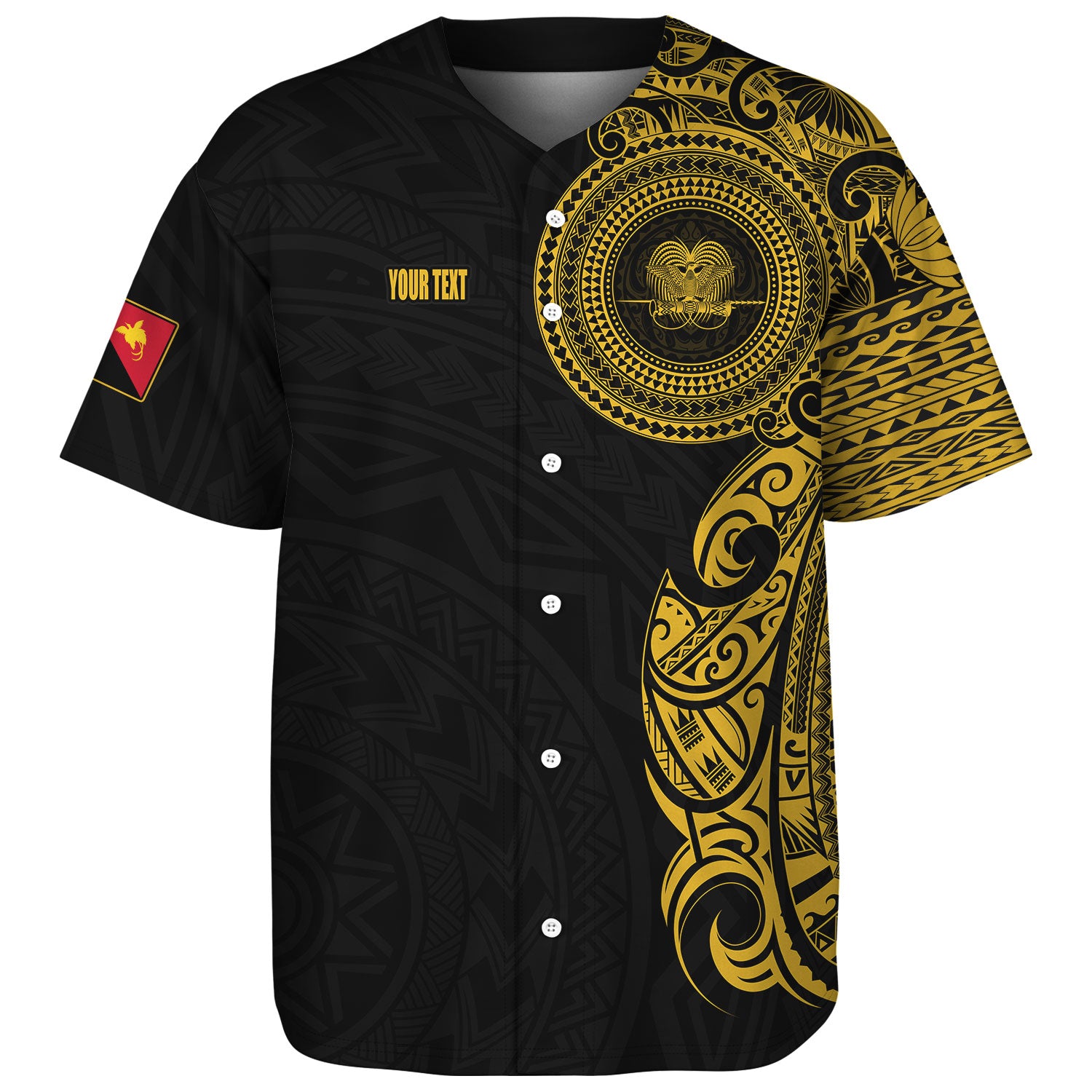 Papua New Guinea Baseball Shirt Custom Polynesian Half Sleeve Gold Tattoo With Seal Black