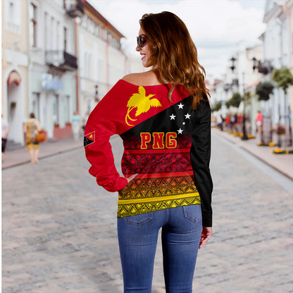 Papua New Guinea Off Shoulder Sweatshirt Flag Pattern Tapa Clothes