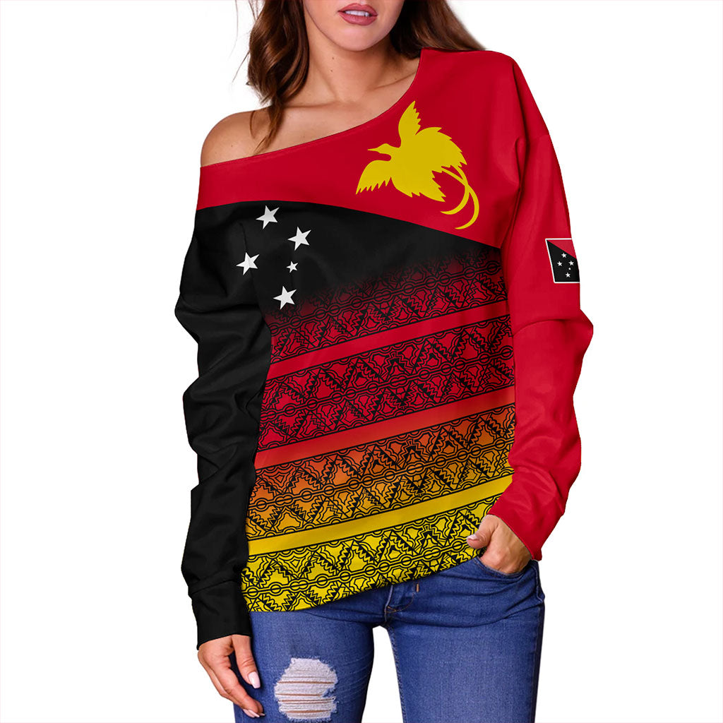 Papua New Guinea Off Shoulder Sweatshirt Flag Pattern Tapa Clothes