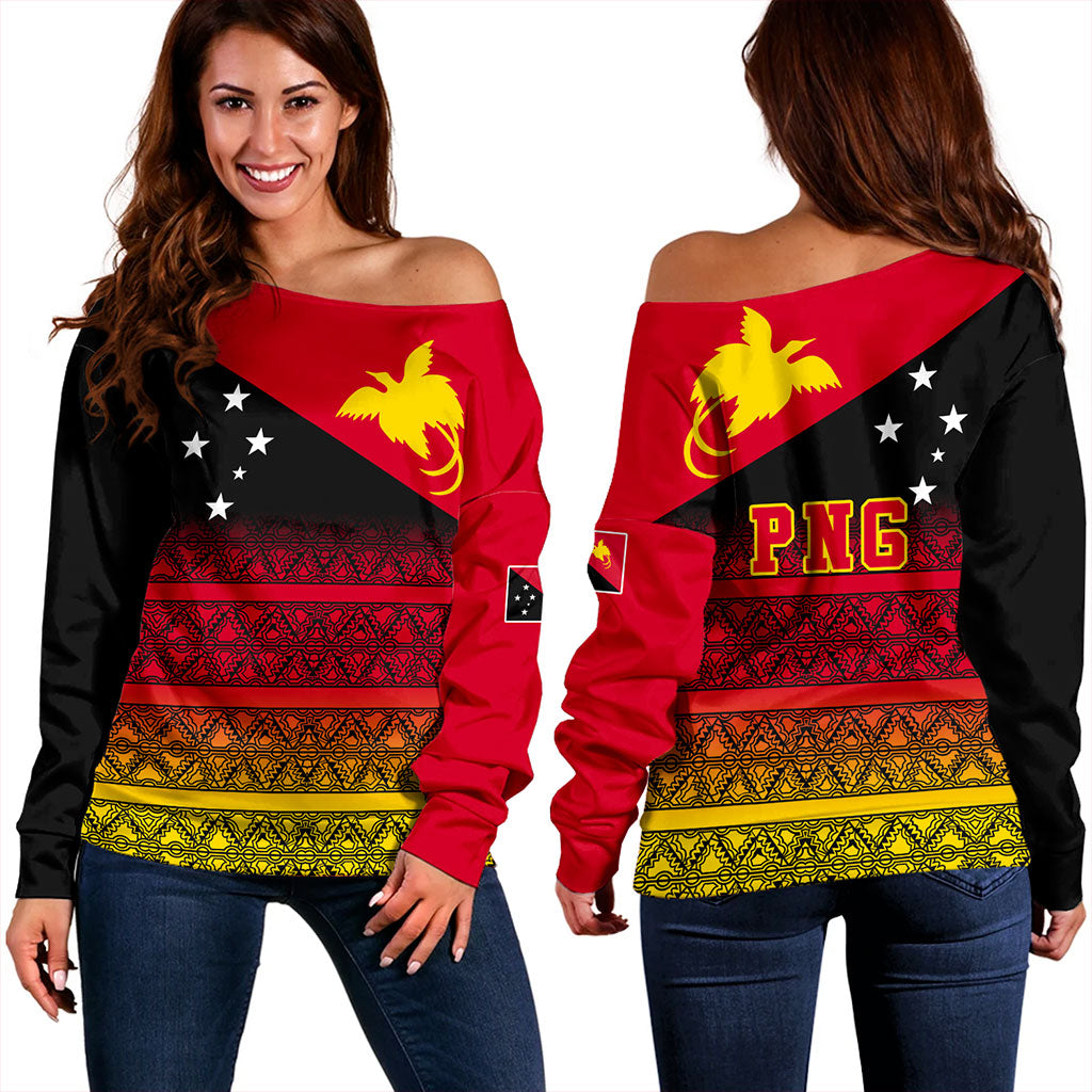 Papua New Guinea Off Shoulder Sweatshirt Flag Pattern Tapa Clothes
