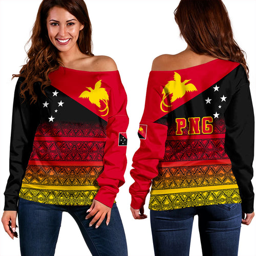 Papua New Guinea Off Shoulder Sweatshirt Flag Pattern Tapa Clothes