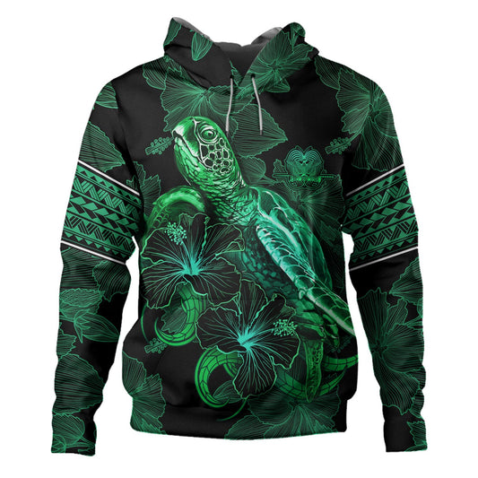 Papua New Guinea Hoodie  Sea Turtle With Blooming Hibiscus Flowers Tribal Green