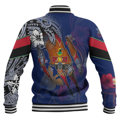 Papua New Guinea Baseball Jacket Custom Papuan Blood Inside Me Polynesian Sleeve Tattoo Tropical Blue