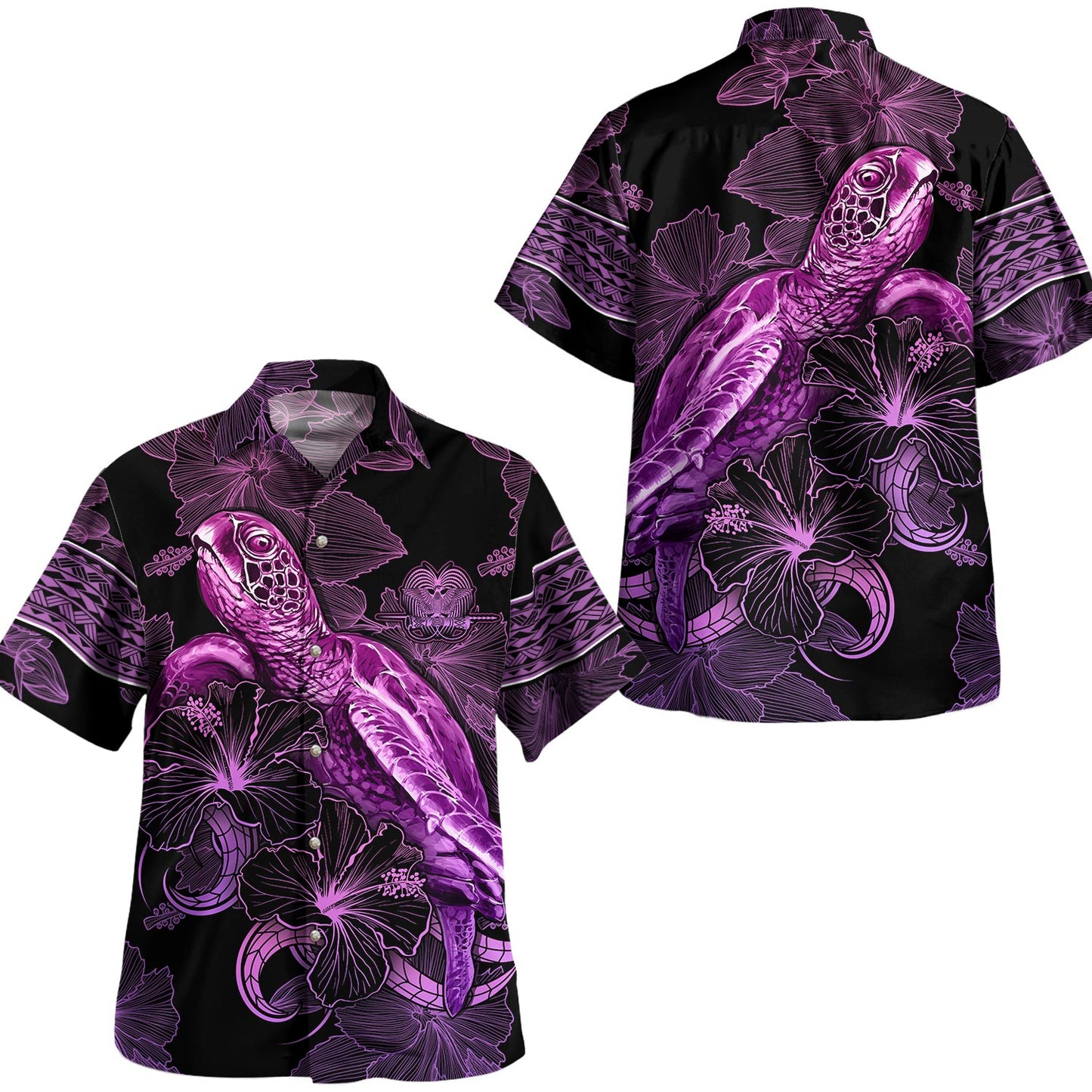 Papua New Guinea Hawaiian Shirt Sea Turtle With Blooming Hibiscus Flowers Tribal Purple