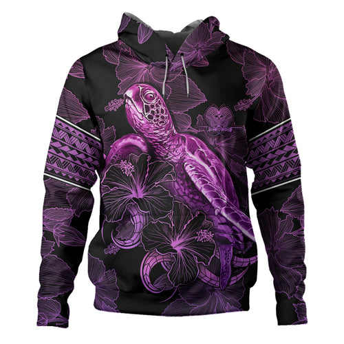 Papua New Guinea Hoodie Sea Turtle With Blooming Hibiscus Flowers Tribal Purple