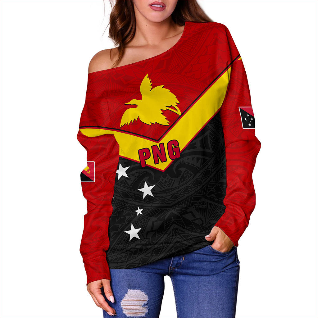 Papua New Guinea Off Shoulder Sweatshirt PNG Tribal Melanesia Sport Style