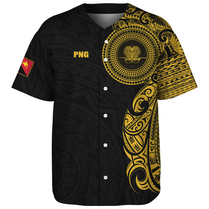 Papua New Guinea Baseball Shirt Custom Polynesian Half Sleeve Gold Tattoo With Seal Black
