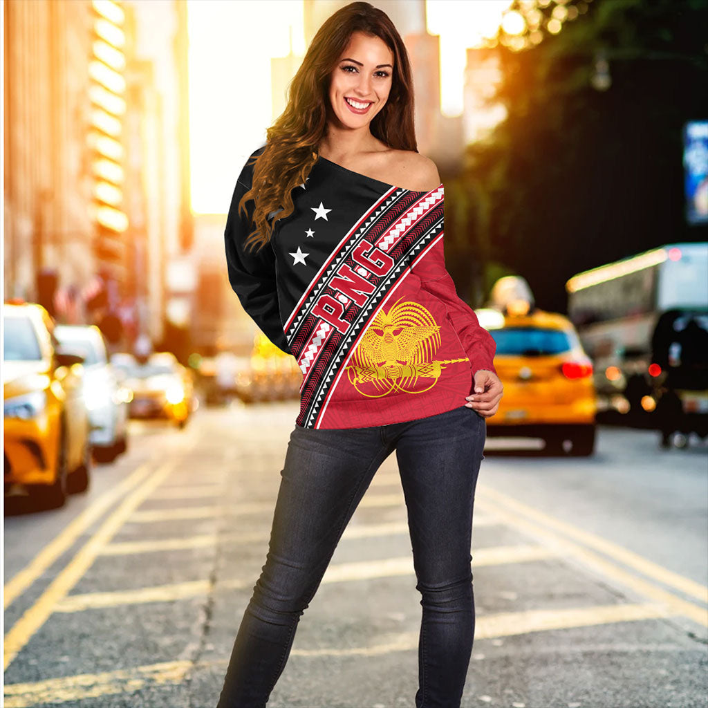 Papua New Guinea Off Shoulder Sweatshirt Flag And Coat Of Arms