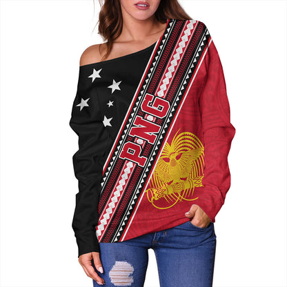 Papua New Guinea Off Shoulder Sweatshirt Flag And Coat Of Arms