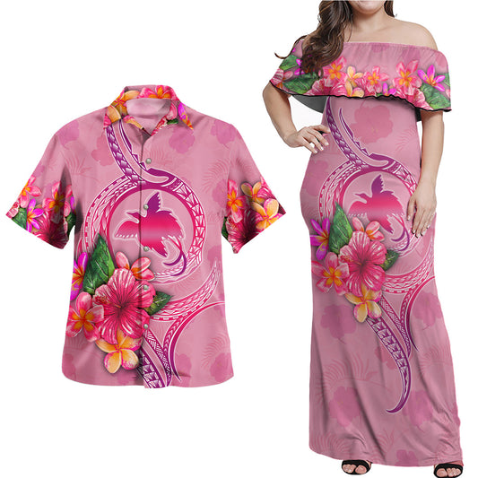 Papua New Guinea Combo Off Shoulder Long Dress And Shirt Floral With Seal Pink