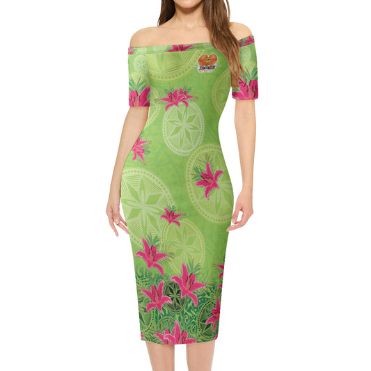 Papua New Guinea Short Sleeve Off The Shoulder Lady Dress Lilies With Polynesian Pattern