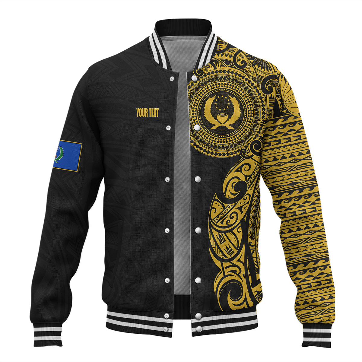 Pohnpei State Baseball Jacket Custom Polynesian Half Sleeve Gold Tattoo With Seal Black